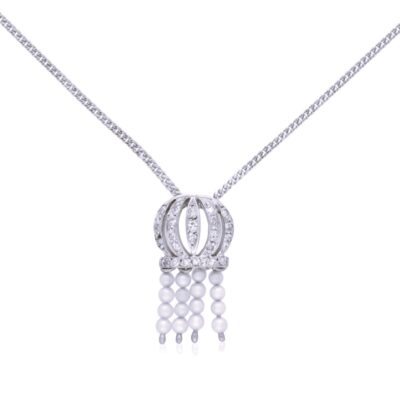 VINTAGE 18CT WHITE GOLD CULTURED PEARL & DIAMOND CROWN PENDANT & CHAIN - 1977