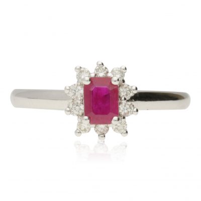 PRE-OWNED 18CT WHITE GOLD RUBY & DIAMOND CLUSTER RING