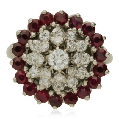 VINTAGE 18CT WHITE GOLD 3 TIER RUBY & DIAMOND CLUSTER RING - 1971