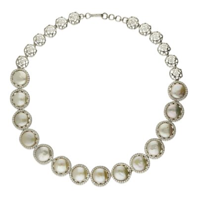 PRE-OWNED 14CT WHITE GOLD MABE PEARL & DIAMOND NECKLET