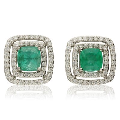 PRE-OWNED WHITE GOLD EMERALD & DIAMOND CLUSTER EARRINGS