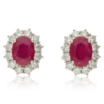 PRE-OWNED  18CT WHITE GOLD RUBY & DIAMOND CLUSTER EARRINGS