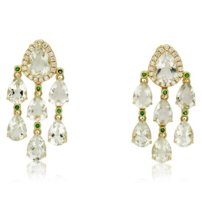 PRE-OWNED 18CT GOLD PRASIOLITE, GREEN GARNET & DIAMOND DROP EARRINGS