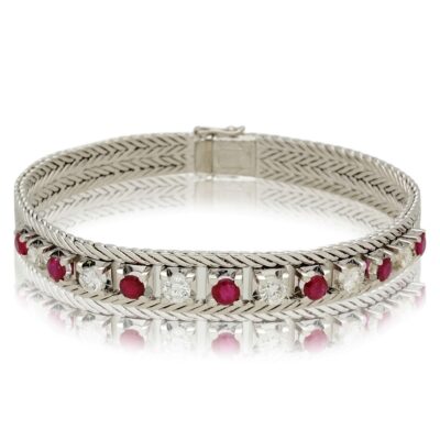 VINTAGE 18CT WHITE GOLD RUBY & DIAMOND BRACELET - 1960/1970s