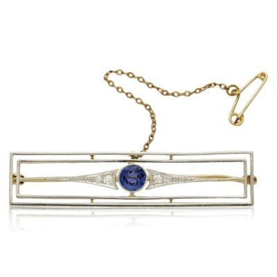 ART DECO 15CT GOLD & PLATINUM SAPPHIRE & DIAMOND BROOCH