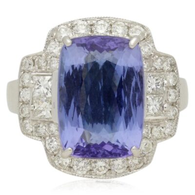 PRE-OWNED LARGE CUSHION CUT TANZANITE & DIAMOND CLUSTER RING