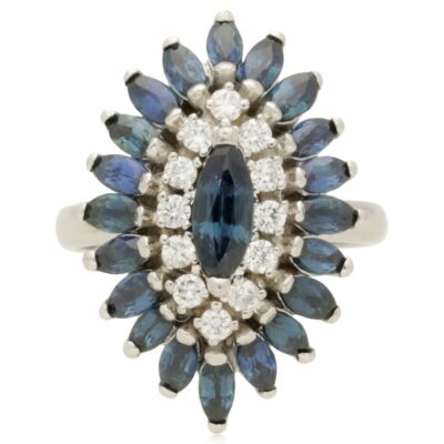 PRE-OWNED WHITE GOLD MARQUISE SAPPHIRE & DIAMOND CLUSTER RING