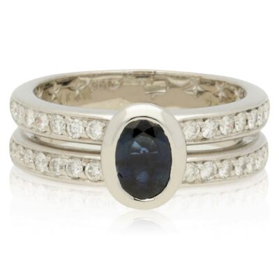 PRE-OWNED 18CT WHITE GOLD SAPPHIRE & DIAMOND DOUBLE BAND RING - 2022