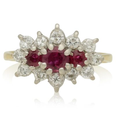 VINTAGE 18CT GOLD RUBY & DIAMOND TRIPLE CLUSTER RING - 1976