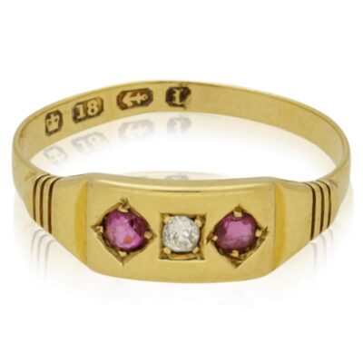 VICTORIAN 18CT GOLD RUBY & DIAMOND GALLERY RING - 1893
