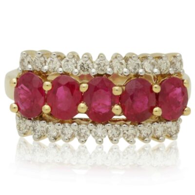 PRE-OWNED 18CT GOLD RUBY & DIAMOND 3 ROW CLUSTER RING