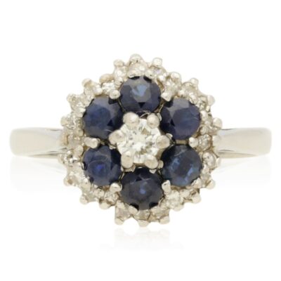 PRE-OWNED 18ct WHITE GOLD SAPPHIRE & DIAMOND 3 TIER CLUSTER RING