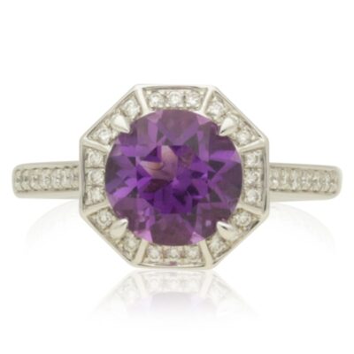PRE-OWNED 18CT WHITE GOLD AMETHYST & DIAMOND HEXAGONAL CLUSTER RING