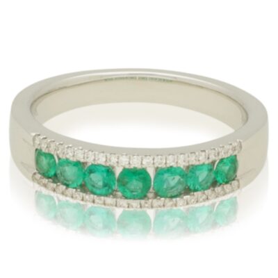 PRE-OWNED 18CT  WHITE GOLD EMERALD & DIAMOND  BAND RING