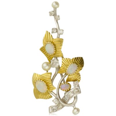 ANTIQUE 18CT YELLOW & WHITE GOLD OPAL, DIAMOND & PEARLS SPRAY BROOCH - 1920s
