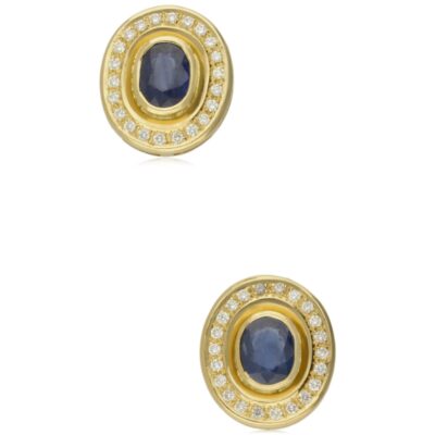 PRE-OWNED YELLOW GOLD SAPPHIRE & DIAMOND CLUSTER EARRINGS