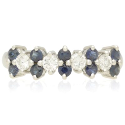 VINTAGE 18CT WHITE GOLD SAPPHIRE & DIAMOND 3 ROW CLUSTER RING - 1977