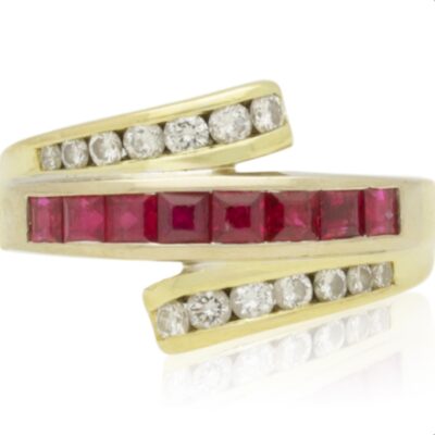 PRE-OWNED 18CT  GOLD RUBY & DIAMOND  CROSSOVER BAND RING