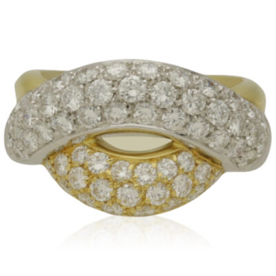 PRE-OWNED 18CT YELLOW & WHITE GOLD DIAMOND CROSSOVER CLUSTER RING.
