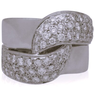 PRE-OWNED 18CT WHITE GOLD DIAMOND TWIST CLUSTER RING.