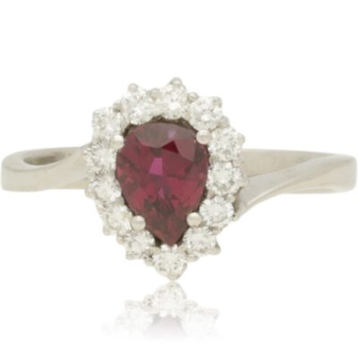 PRE-OWNED 18CT WHITE GOLD PEAR CUT RUBY & DIAMOND CLUSTER RING