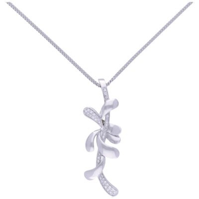 PRE-OWNED 18CT WHITE GOLD DIAMOND SCROLL LEAF PENDANT & CHAIN