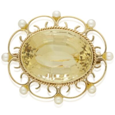 VINTAGE CITRINE & PEARL BROOCH - 1968