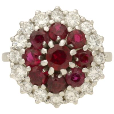 VINTAGE 18CT WHITE GOLD RUBY & DIAMOND 3 TIER CLUSTER RING - 1975