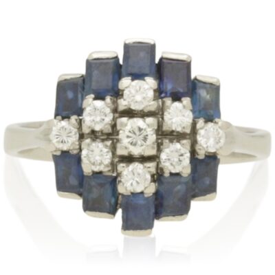 VINTAGE 18CT WHITE GOLD  SAPPHIRE & DIAMOND  GEOMETRIC CLUSTER RING - 1994