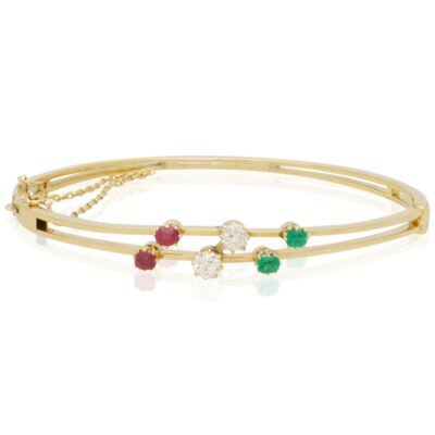 EDWARDIAN YELLOW GOLD RUBY, EMERALD & DIAMOND BANGLE