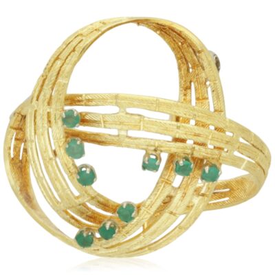 VINTAGE 18CT GOLD EMERALD SCROLL BROOCH - 1970s