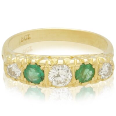 VINTAGE EMERALD & DIAMOND CARVED GALLERY RING - 20TH C