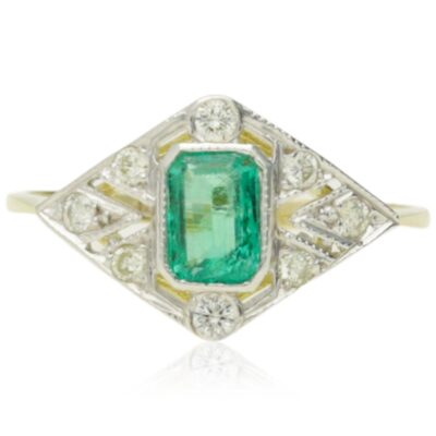 VINTAGE EMERALD & DIAMOND LOZENGE CLUSTER RING - 20TH C