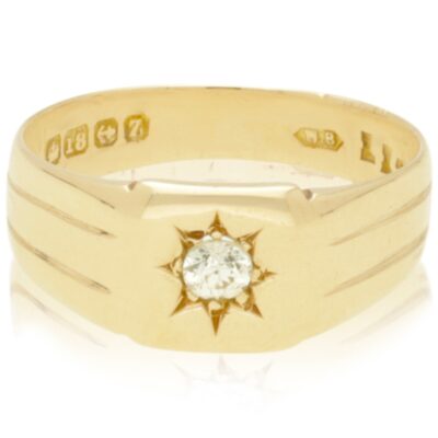 ANTIQUE 18CT GOLD SOLITAIRE NATURAL DIAMOND SIGNET RING - 1924