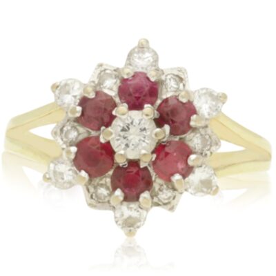 VINTAGE 18CT GOLD RUBY & DIAMOND CLUSTER RING - 1979