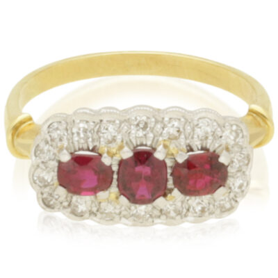 VINTAGE 18CT GOLD RUBY & DIAMOND TRIPLE CLUSTER RING - 1950/1960s