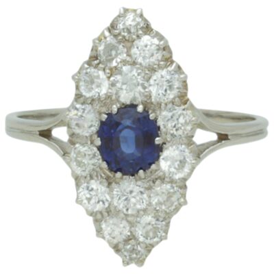 EDWARDIAN PLATINUM SAPPHIRE & DIAMOND MARQUISE SHAPED CLUSTER RING