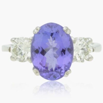 PRE-OWNED 18CT WHITE GOLD TANZANITE & DIAMOND 3 STONE RING